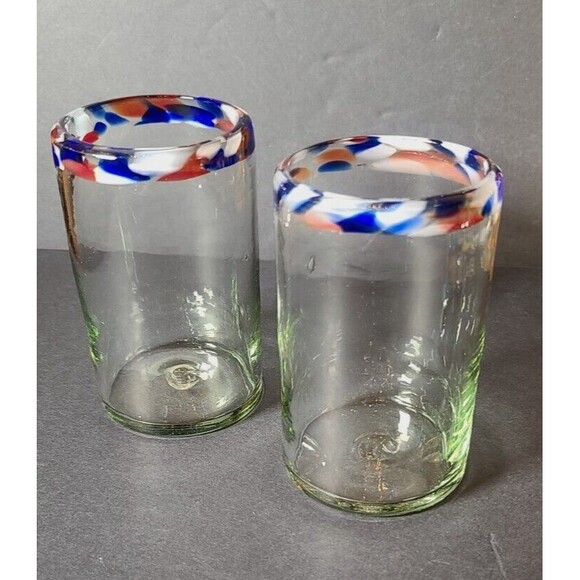 Mexican Hand Blown Red White Blue Rim Glasses 5” Set Of 2 Barware High Ball 16oz - Picture 1 of 6